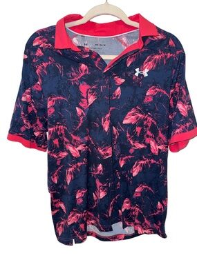 Under Armour Navy Polo with Hot Pink Feather Print
